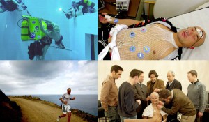 Sinistra alto: Primo ecografo subacqueo al mondo. Registrazione dell’ecocardiogramma in un apneista nella piscina Nemo di Bruxelles profonda 30m. Sinistra basso: Atleta Ironman durante la riunione ‘Ironscience’ organizzata da EXTREME nell’Isola dell’Asinara. Destra alto: Registrazione di segnali fisiologici in atleta Ironman Destra basso: Mosca. Ricercatori di EXTREME istruiscono un astronauta di MARS 500 a indossare la cuffia per l’autoregistrazione dell’elettroencefalogramma durante il volo simulato su Marte.